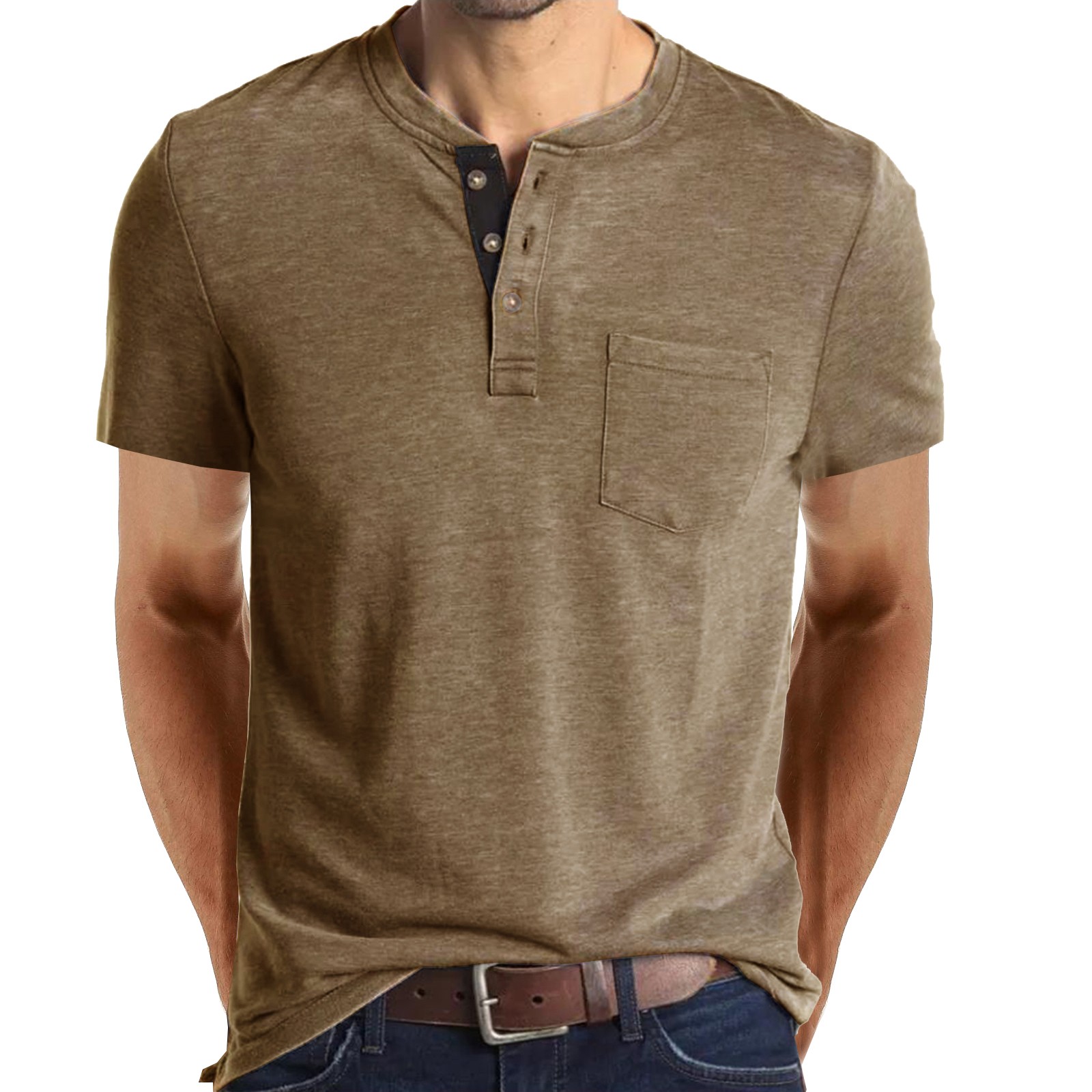 thumbnail image 2 of Camisa de manga corta con cuello redondo y botones para hombre: poliéster, color liso, informal/de ocio, tallas grandes, invierno/primavera, 2 of 8
